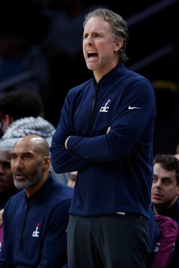 Washington Wizards interim head coach Brian Keefe yells from the bench against the Utah Jazz in the first half at Capital One Arena.